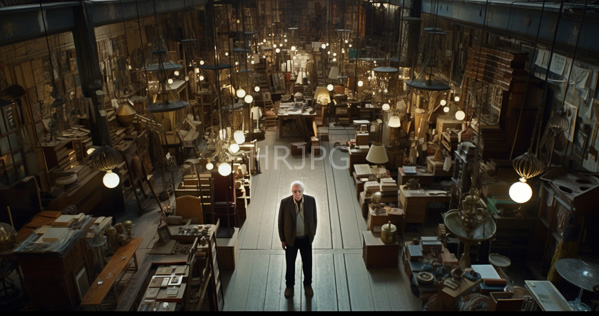 High Resolution: Antique shop dim-lit with numerous hanging bulbs a central bald man in a dark suit stands facing forward amidst cluttered shelves and vintage furniture download. | HRJPG.com