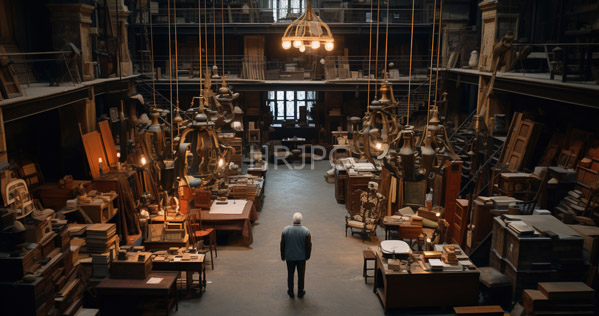 High Resolution: Antique dim-lit workshop with warm amber lighting an elderly man in a dark suit stands facing away amidst cluttered wooden shelves filled with vintage tools and books download. | HRJPG.com