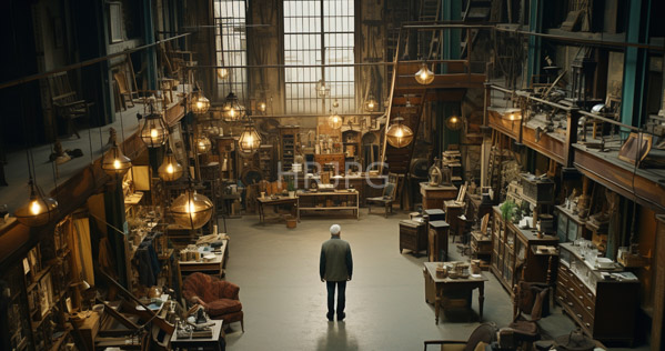 High Resolution: Antique dim-lit workshop with high ceilings an elderly man in a dark suit stands facing away down a central aisle amidst cluttered wooden desks download. | HRJPG.com