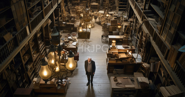 High Resolution: Aerial photograph of an old cluttered library with wooden shelves filled with books and papers an elderly man stands alone wearing a dark suit in the center aisle download. | HRJPG.com