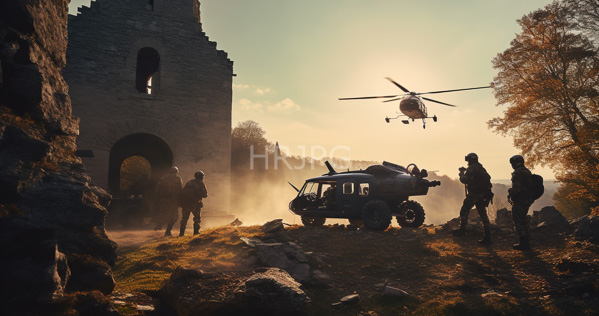 High Resolution: Early morning military scene features soldiers in tactical gear silhouetted against golden sunlight and misty air near ruins with a black armored SUV and a helicopter hovering download. | HRJPG.com