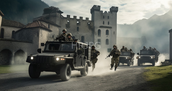 High Resolution: Four soldiers in camouflage gear and helmets armed with rifles ride two black military jeeps on a dusty gravel road towards a medieval stone castle under a cloudy sky download. | HRJPG.com