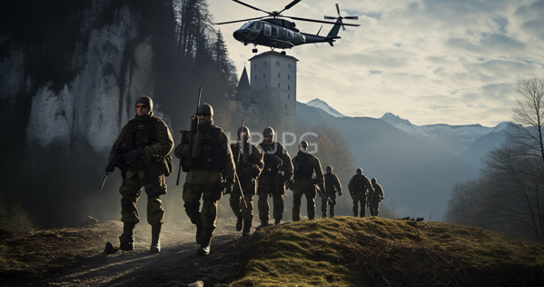 High Resolution: Seven armed soldiers in dark green tactical gear and helmets walk up an uneven grassy hill towards a medieval castle on a rocky cliffside with a black helicopter hovering above download. | HRJPG.com
