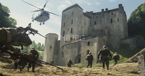 High Resolution: Soldiers in WWII-era uniforms armed with rifles and backpacks approaching an ancient stone castle under daylight skies with a helicopter hovering above download. | HRJPG.com
