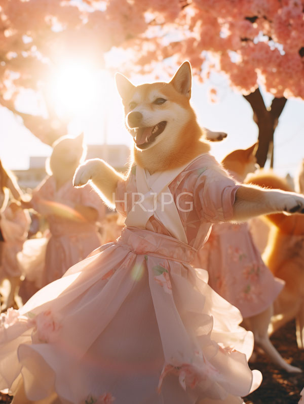 High Resolution: Anthropomorphic Shiba Inu dog dancing in sunlight wearing a traditional pink floral kimono with flowing sleeves surrounded by other canine dancers under cherry blossom trees download. | HRJPG.com