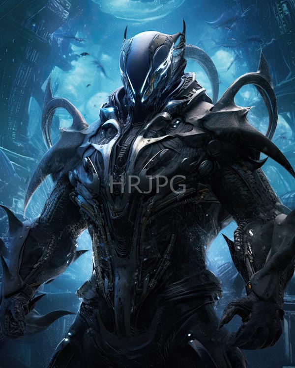 High Resolution: Imposing futuristic alien warrior with dark metallic armor and intricate designs on its chest plate with glowing blue eyes through a spiked helmet-like structure download. | HRJPG.com