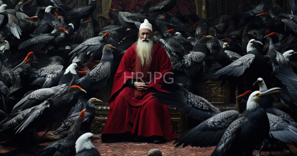 High Resolution: Elderly white-bearded man in red robes and a mitre sits on an ornate golden throne surrounded by numerous black cormorants with orange beaks download. | HRJPG.com