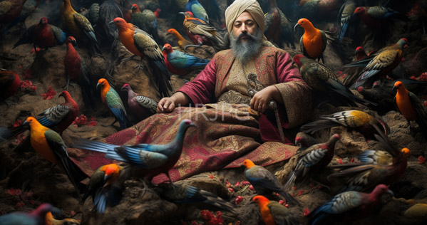 High Resolution: Elderly man with a gray beard and white turban wearing ornate red-brown robes sits amidst numerous colorful birds parrots on earthy ground download. | HRJPG.com