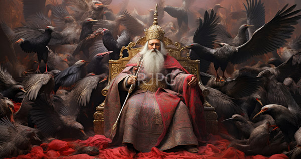 High Resolution: Elderly bearded king with white hair and beard wears an ornate gold crown and a red-patterned robe sitting on an elaborate golden throne amidst swirling black crows download. | HRJPG.com