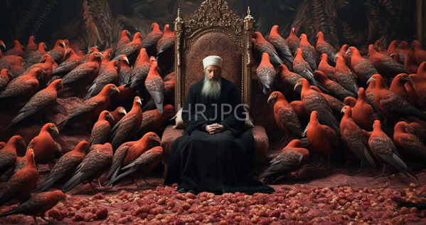 High Resolution: Elderly bearded man in black robes and a white headscarf sits on an ornate golden throne surrounded by numerous red-and-brown birds with vibrant feathers download. | HRJPG.com