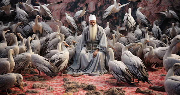 High Resolution: Elderly bearded man with light skin and a white turban sits amidst numerous grey storks on a red patterned carpet wearing flowing blue-grey robes download. | HRJPG.com