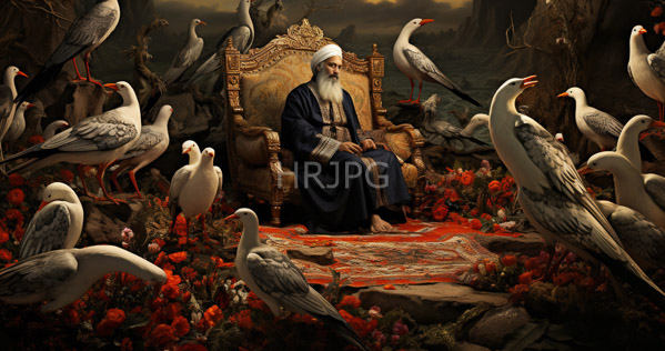 High Resolution: Elderly bearded man with white hair wears dark robes and a headscarf seated on an ornate golden throne amidst birds storks surrounded by red flowers in a rocky landscape download. | HRJPG.com