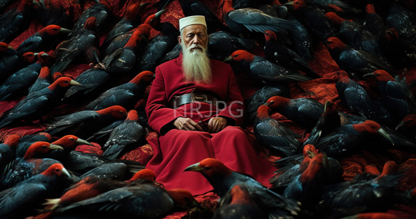 High Resolution: Elderly white man with a long flowing beard wears traditional red robes and a tall hat sits amidst numerous black birds adorned in vibrant orange-red plumage download. | HRJPG.com