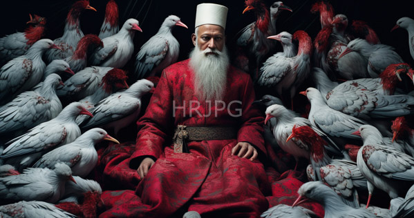 High Resolution: Elderly white-bearded man with pale skin wears red robes and a tall white hat surrounded by numerous gray birds adorned in blood-red accents on their heads or wings download. | HRJPG.com