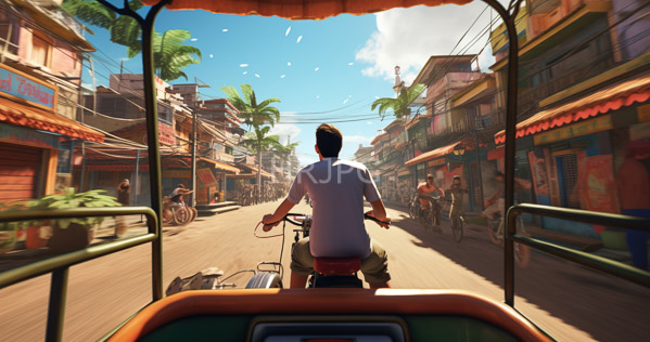 High Resolution: Asian man with short black hair wears a white shirt and olive green pants riding a motorbike through a vibrant tropical street market under bright blue skies download. | HRJPG.com