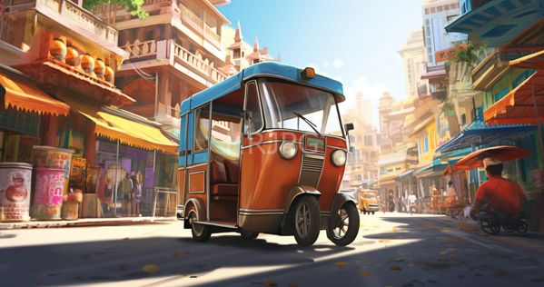 High Resolution: Indian street scene features vibrant colorful buildings with ornate balconies and awnings with a small blue-and-red auto rickshaw centered on the cobblestone road download. | HRJPG.com