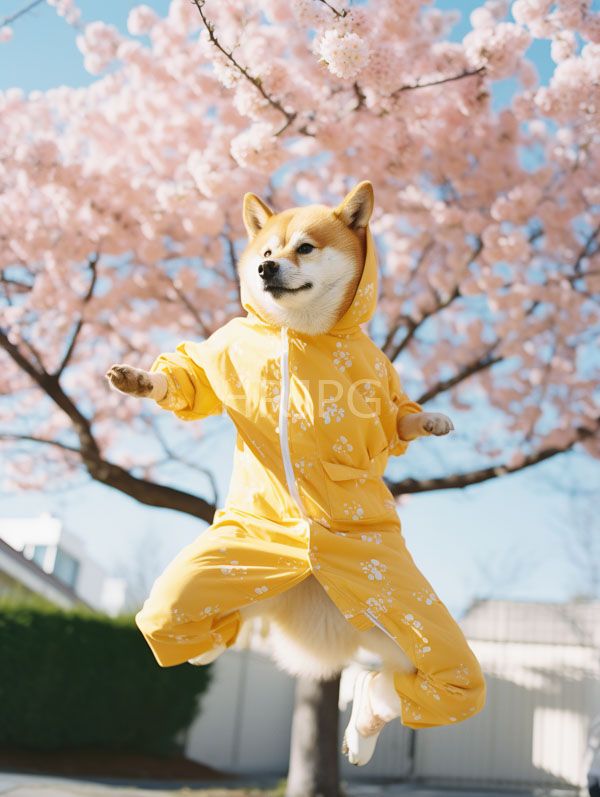 High Resolution: Adorable Shiba Inu dog mid-jump wearing a yellow floral-patterned raincoat with a hood up against cherry blossom trees in full bloom download. | HRJPG.com