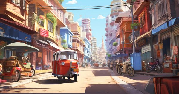High Resolution: Vibrant Asian street scene bathed in sunlight features colorful buildings with balconies and signs and vehicles including red vintage tuk-tuks and motorcycles download. | HRJPG.com