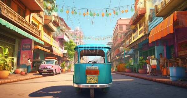 High Resolution: Vibrant Indian street scene features colorful buildings with balconies and awnings with a turquoise auto-rickshaw centered in front view with TAXI signage download. | HRJPG.com