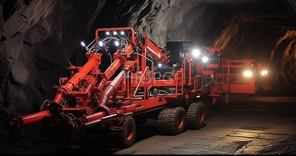 High Resolution: Orange mining machine with multiple lights positioned in a dim cave-like underground tunnel lined by rough rock walls and a textured floor download. | HRJPG.com