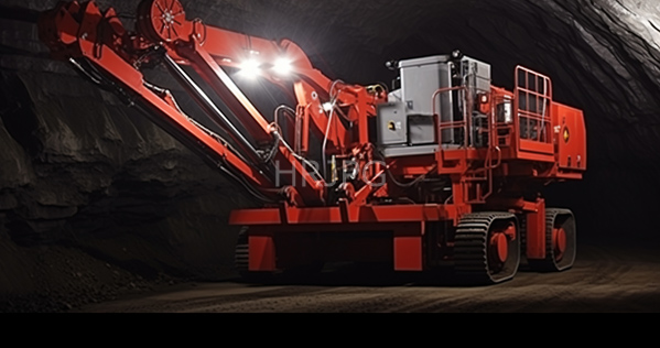 High Resolution: Orange heavy-duty mining excavator with large tires and multiple mechanical arms inside a dimly lit underground cave-like environment with bright headlights download. | HRJPG.com