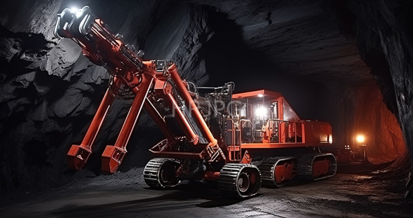 High Resolution: Orange heavy-duty mining excavator with large caterpillar tracks and hydraulic arms inside a dark cave-like mine tunnel illuminated by bright lights on its cabin download. | HRJPG.com