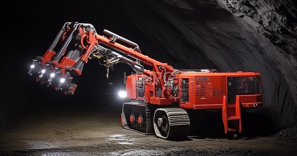 High Resolution: Orange hydraulic mining excavator with an articulated arm and multiple joints in action inside a dark cave-like mine tunnel illuminated by bright lights on its front end download. | HRJPG.com