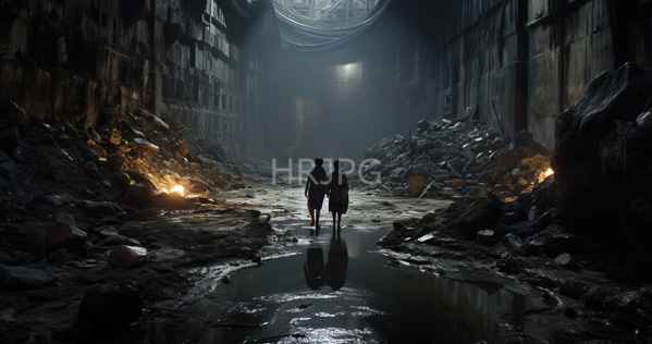High Resolution: Dark atmospheric scene depicts two silhouetted figures walking down an abandoned industrial corridor with rubble and reflective puddles illuminated by warm orange lights download. | HRJPG.com