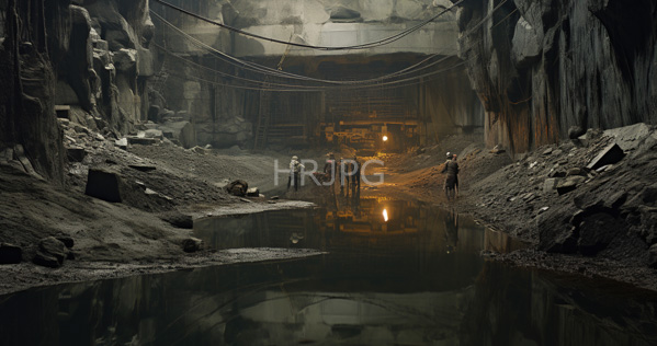 High Resolution: Underground coal mine with dim moody lighting three miners stand near a reflective water pool amidst rocky terrain and wooden support structures illuminated by hanging lamps download. | HRJPG.com