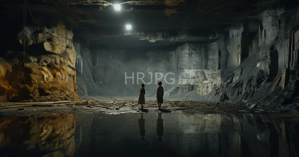 High Resolution: Two silhouetted figures stand in an expansive dim cave with rough rock walls and a reflective water pool on the floor illuminated by bright light from the ceiling download. | HRJPG.com