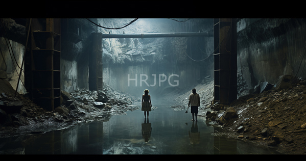 High Resolution: Two children walking through an abandoned industrial tunnel with reflective water on muddy ground and dark walls adorned by rusted pipes under dim light download. | HRJPG.com