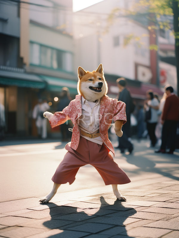 High Resolution: Anthropomorphic Shiba Inu dog dressed in retro-style pink patterned jacket white shirt and loose-fitting red pants standing mid-dance pose on a city street download. | HRJPG.com