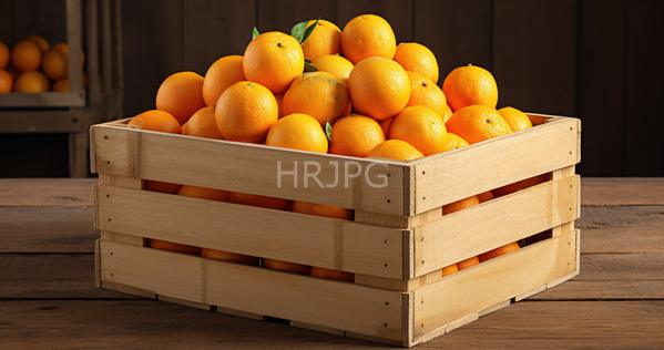 High Resolution: Wooden crate filled with bright orange textured citrus fruits oranges on a rustic brown wood table with dark-stained vertical planks in the background download. | HRJPG.com