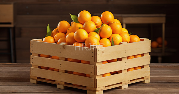 High Resolution: Wooden crate filled with bright orange textured citrus fruits likely oranges on a rustic wood table with green leaves visible among the fruit pile download. | HRJPG.com