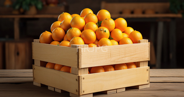High Resolution: Three wooden crates stacked filled with bright orange oranges some with green leaves attached against a blurred rustic kitchen background download. | HRJPG.com