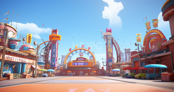 High Resolution: Vibrant animated amusement park street under clear blue skies with fluffy clouds featuring colorful buildings adorned with neon signs reading Carnival and West Coast Classics download. | HRJPG.com
