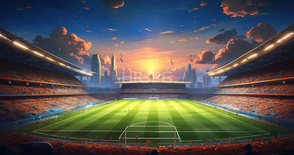 High Resolution: Expansive futuristic stadium at sunset with vibrant green grass illuminated by bright lights and surrounding stands filled with cheering crowds in orange attire download. | HRJPG.com