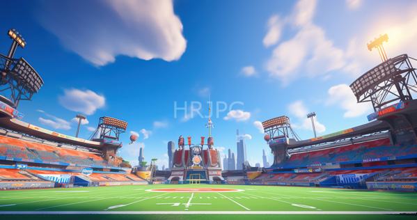 High Resolution: Vibrant empty American football stadium on a sunny day with bright green turf marked by white lines and large floodlights towering over both sides download. | HRJPG.com