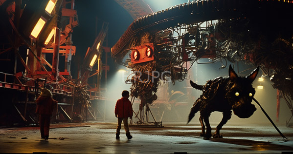 High Resolution: Scene from Alien features two men in red jumpsuits walking on an industrial spaceship deck with a large mechanical creature resembling Xenomorph looming in the background download. | HRJPG.com