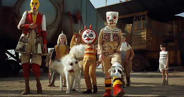 High Resolution: Six children in colorful elaborate masks and costumes standing on an industrial lot with large metal structures behind them one child holds a white dog download. | HRJPG.com