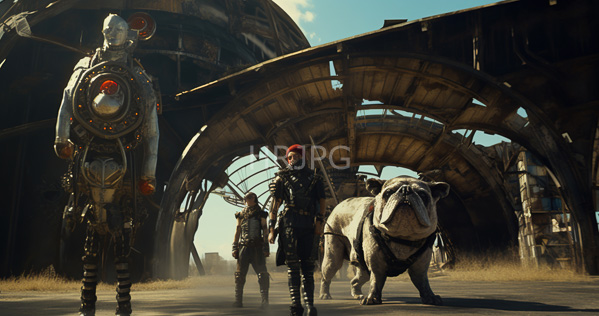 High Resolution: Three armored figures and an enormous white bull stand under large metallic arches in sunlight with one silver figure and two dark armored figures holding weapons download. | HRJPG.com