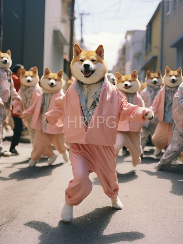 High Resolution: Outdoor street parade features numerous Shiba Inu dogs dressed in pastel pink traditional Japanese kimonos with one central dog striking a confident dance pose download. | HRJPG.com