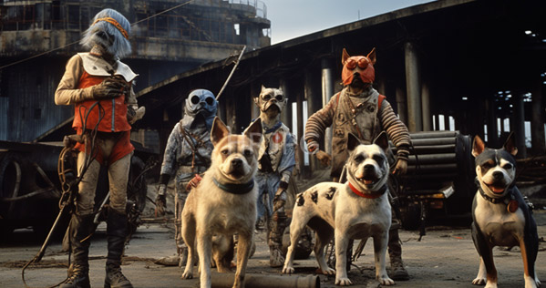 High Resolution: Scene from Mad Max Fury Road depicts four anthropomorphic dog handlers in post-apocalyptic attire standing beside three muscular dogs Pit Bulls download. | HRJPG.com