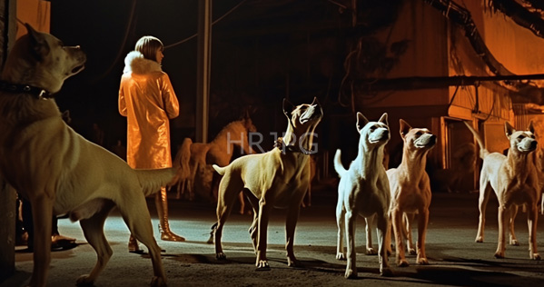 High Resolution: Evening street scene with six dogs standing in front with a man dressed in a shiny orange fur-trimmed coat standing on the left side observing download. | HRJPG.com