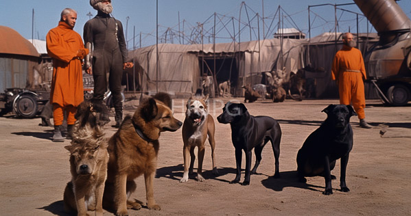 High Resolution: Scene from Mad Max Beyond Blaster shows six dogs of varying breeds and colors standing in front on dusty ground with three men wearing orange jumpsuits behind them download. | HRJPG.com