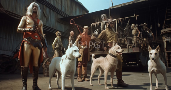 High Resolution: Scene from Mad Max Beyond Thunderdome features Mel Gibson as Mad Max in metallic armor and a white wig standing beside four dogs outside an industrial junkyard download. | HRJPG.com