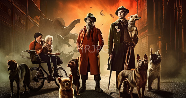High Resolution: Six people and eight dogs in an urban foggy alley at sunset with warm orange light filtering through buildings two elderly men in long coats holding canes download. | HRJPG.com