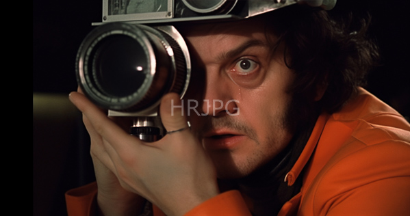High Resolution: Close-up photograph of actor Jack Nicholson wearing curly dark hair and an orange jacket holding a vintage twin-lens reflex camera to his eye download. | HRJPG.com