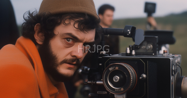 High Resolution: Intense curly-haired man with dark brown skin and a beard wearing an orange sweater and tan beanie focusing through a vintage camera in an outdoor setting download. | HRJPG.com