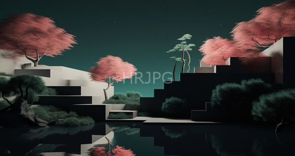 High Resolution: Abstract surreal landscape at night with geometric steps leading up to pink-tinted trees on both sides of reflective water pools under starry skies download. | HRJPG.com